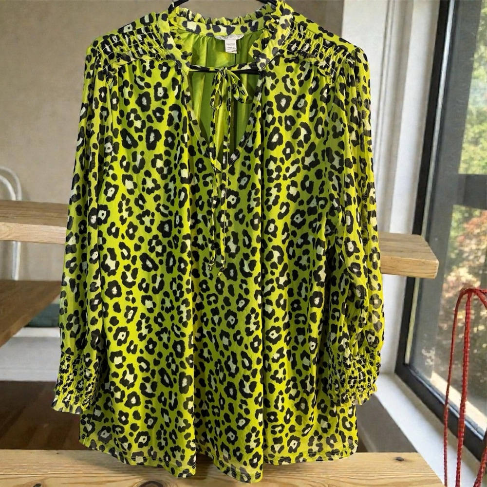 Cato Neon Lime Green Animal Leopard Print Tie Front Blouse size 18/20W